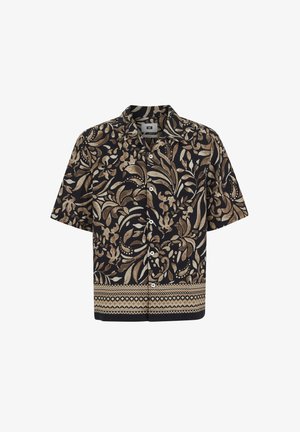Cămașă neagră cu mâneci scurte, cu nasturi, decorată cu modele florale și frunze bej și o bordură cu model geometric de-a lungul tivului.