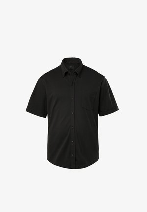 Sort kortærmet skjorte i et glat stof, med knaplukning foran, en enkelt brystlomme og et klassisk kravedesign.
