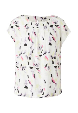 Blouse blanche à manches courtes, col rond, devant plissé, avec des motifs abstraits de touches de pinceau noires, roses, lavande et jaune pâle.