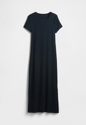 Marineblå kjole til knelengde laget av mykt jerseystoff. Har rund hals og korte ermer, med en enkel, rett silhuett.