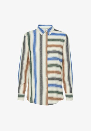 Krekls ar pogām, kas rotāts ar vertikālām svītrām zilā, brūnā, zaļā un melnā krāsā uz gaismas fona; izgatavots no teksturēta auduma ar apkakli.