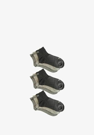 Three pairs of ankle socks in dark gray and light gray, featuring a smooth texture and ribbed cuffs with printed branding.