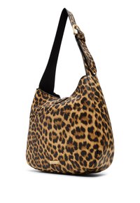 Borsa a spalla con stampa leopardata, dalla texture morbida, con tracolla nera e dettagli in metallo dorato. Forma curva con una tasca laterale.