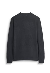 Donkergrijze gebreide trui met een ronde hals, ribgebreide manchetten en zoom, met een verhoogd patroon over de stof en een gladde achterkant.