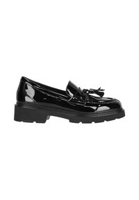 Schwarze Lackslipper mit runder Zehenform, dekorativem Schleifendetail und einer schweren Gummisohle für zusätzlichen Halt und Höhe.