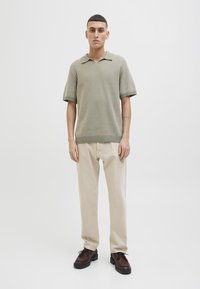 Lys grønn strikket polo genser med korte ermer, med krage. Kombinert med lys beige rette bukser og mørkebrown sko.