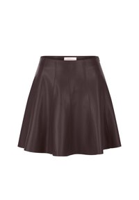 Brown leather flared skirt with a high waist and pleated design. Smooth texture and a concealed side zipper for closure.