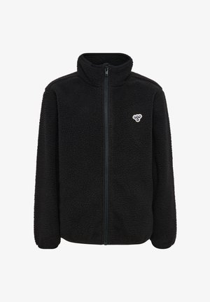 Schwarze Fleece-Jacke mit durchgehendem Reißverschluss, hohem Kragen und kleinem Bienensymbol auf der linken Brust, aus strukturiertem, weichem Sherpa-Stoff gefertigt.