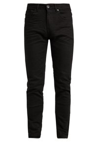 Jeans neri in denim, con vestibilità slim, cinque tasche e chiusura con bottone. Il tessuto ha una texture liscia con dettagli minimi.