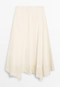 Jupe midi écru avec ourlet asymétrique, texture subtile et taille ajustée avec fermeture éclair avant dissimulée.