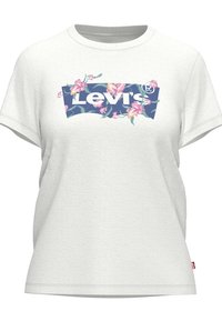 Bílý bavlněný tričko s krátkými rukávy, které má na přední straně modrý květinový design loga Levi's. Měkká textura a uvolněný střih.