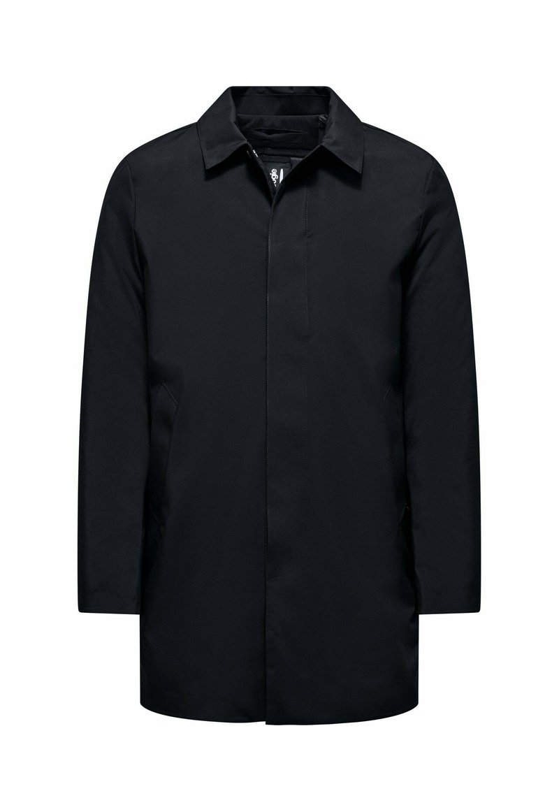 Zwarte waterdichte jas met een rechte snit, notch kraag, lange mouwen, knoopsluiting aan de voorkant en een minimalistisch ontwerp. Lichtgewicht stof.