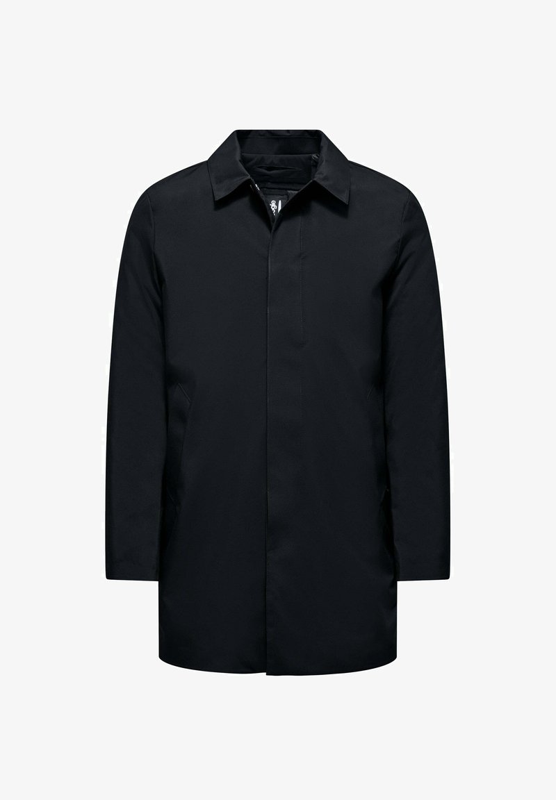 Zwarte waterdichte jas met een rechte snit, notch kraag, lange mouwen, knoopsluiting aan de voorkant en een minimalistisch ontwerp. Lichtgewicht stof.