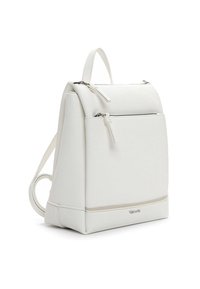 Valge kunstnahast seljakott tekstuurse viimistlusega, millel on tõmblukuga eesmine tasku ja reguleeritavad õlarihmad. Ristkülikukujuline.