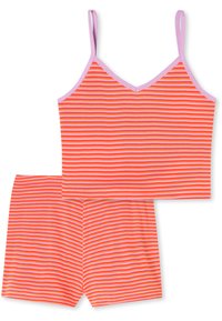 Ensemble de pyjama rayé en orange et rose. Le haut a des bretelles spaghetti et un col en V ; le short possède une taille élastique. Tissu lisse et doux.