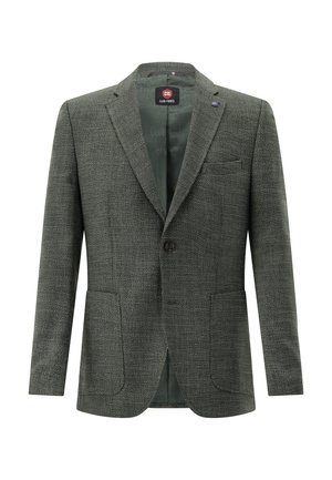 Grauer Tweed-Blazer mit zwei Fronttaschen, Einknopf-Verschluss, Revers mit Kerbdetail und einem dezenten Hundszahnmuster. Das Innenfutter ist grün.