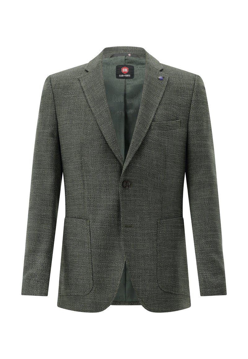 Grauer Tweed-Blazer mit zwei Fronttaschen, Einknopf-Verschluss, Revers mit Kerbdetail und einem dezenten Hundszahnmuster. Das Innenfutter ist grün.