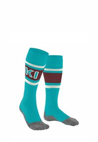 Kniestrümpfe in Türkis und Burgunderrot, mit weißen Streifen und hellblauen Akzenten. Strukturierte graue Zehen- und Fersenbereiche.