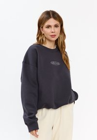 Donkergrijs oversized sweatshirt met een ronde halslijn, verlaagde schouders en een decoratieve geborduurde logo op de voorkant. Zachte stoftextuur.