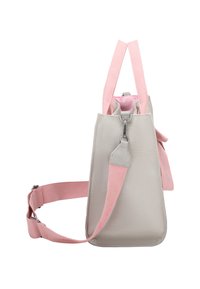 Borsa a tracolla in tessuto grigio con manici e tracolla rosa. Caratterizzata da una finitura testurizzata e dettagli in metallo; design compatto e angolare.