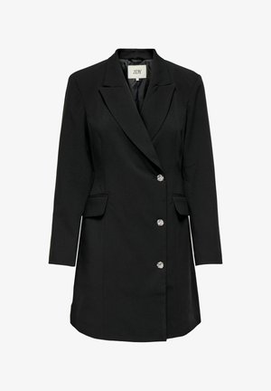 Czarna marynarka o dopasowanym kroju, jednorzędowa, z wyrazistymi klapami i ozdobnymi guzikami. Posiada kieszenie z przodu.