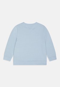 Jasnoniebieski sweatshirt z długimi rękawami, ściągaczami na mankietach i okrągłym dekoltem. Gładka tekstura i prosta, stonowana forma.