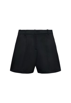 Black tailored shorts with belt loops, pleats at the front, and a clean, smooth fabric texture.
