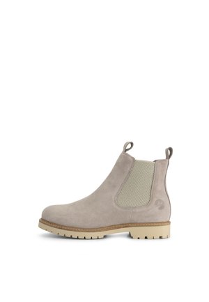 Lichtgrijze suède enkellaars Chelsea met beige elastische zijpanelen, aantreklussen en licht rubberen profielzool.