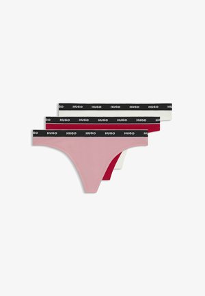 Kolme paria string-alaosaa vaaleanpunaisena, punaisena ja valkoisena. Jokaisessa on musta vyötärönauha, jossa toistuu "HUGO"-logo. Puuvillasekoitekangasta.