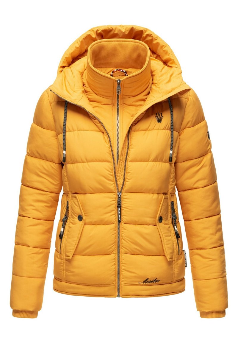 Yellow padded jacket with a hood, featuring a zip front, two side pockets, and elastic cuff details. Materials and stitching visible.