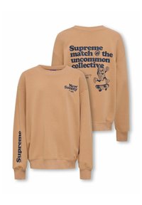 Beige sweatshirt lavet af en blanding af bomuld, med rund hals, lange ærmer og grafiske prints i marineblåt på fronten og bagsiden.