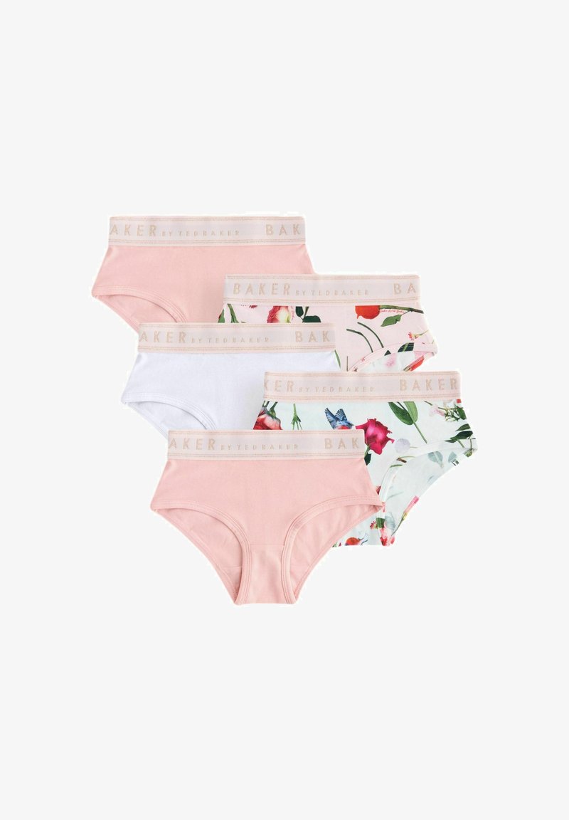 Fünf Damen-Slips in Pastellrosa, Weiß und mit Blumenmustern, jeweils mit einem elastischen Bund und Markenlogo.