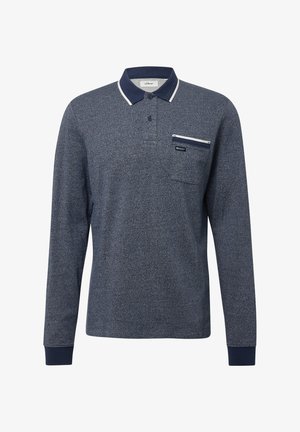 Polo à manches longues bleu marine avec un motif texturé, col et poignets contrastés, et une poche avant avec une fermeture éclair blanche en accent.