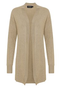 Beige kardigán nyitott elülső résszel, hosszú ujjal, bordás mandzsettával és texturált anyaggal. Hétköznapi dizájn, lazább szabással.