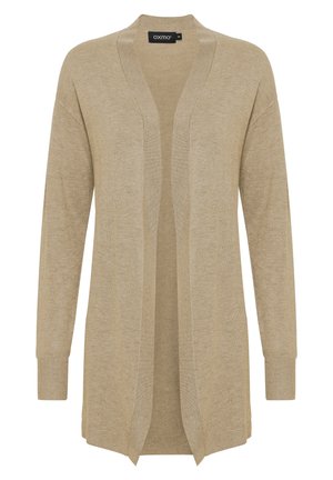 Cardigan beige con apertura frontale, maniche lunghe, polsini a coste e tessuto testurizzato. Design casual con una vestibilità rilassata.