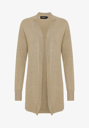 Cardigan beige con apertura frontale, maniche lunghe, polsini a coste e tessuto testurizzato. Design casual con una vestibilità rilassata.