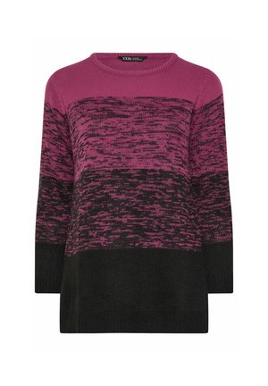 Knit sweater featuring a gradient design in shades of pink and black, with long sleeves and a rounded neckline. Soft texture, loose fit.