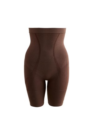 Pantaloni scurți maro, modelatori, cu talie înaltă și model texturat pentru conturarea taliei și coapselor, concepuți pentru conturarea corpului.