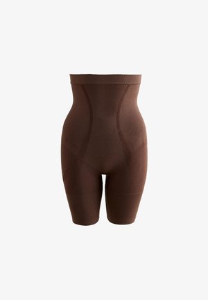 Pantaloni scurți maro, modelatori, cu talie înaltă și model texturat pentru conturarea taliei și coapselor, concepuți pentru conturarea corpului.