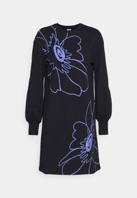 Abito felpa nero con maniche lunghe a palloncino e un evidente design con contorni floreali viola. Tessuto morbido con una vestibilità rilassata.