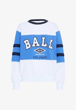 Sinine ja valge dressipluus, millel on julge "BALL" tekst, ümar kaelus, triibulised varrukad ja elastsed mansetid. Materjal näib olevat pehme ja tekstuuriga.