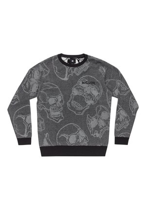 Strikket grå sweater med et kranie mønster, sort ribbet krave og manchetter, samt broderet "DECHOSE" logo på forsiden.