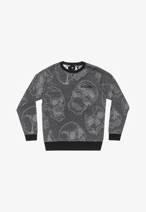 Pull en tricot gris avec un motif de skull, col et poignets côtelés noirs, et logo "DECHOSE" brodé sur le devant.