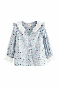 Top blu floral con bottoni, colletto in pizzo bianco, spalle con volant e maniche lunghe con bordo bianco ai polsini.