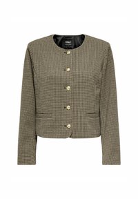 Brown houndstooth-patterned cropped jacket, featuring a round neckline, front buttons, and two side pockets with a textured finish.