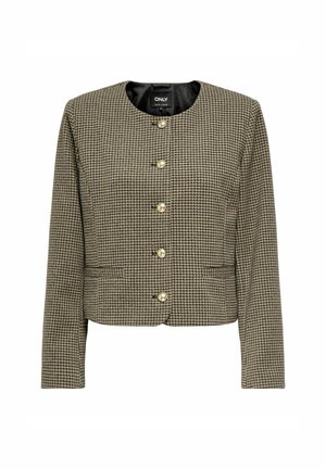Braune Hahnentrittmuster-Cropped-Jacke mit rundem Halsausschnitt, Vorderknöpfen und zwei seitlichen Taschen mit strukturierter Oberfläche.
