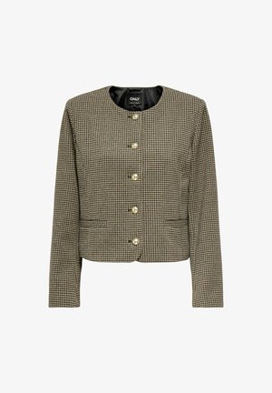 Braune Hahnentrittmuster-Cropped-Jacke mit rundem Halsausschnitt, Vorderknöpfen und zwei seitlichen Taschen mit strukturierter Oberfläche.