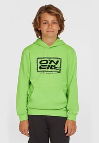 Sudadera verde con capucha y diseño de logotipo en negro, presenta un bolsillo canguro y puños acanalados. Textura suave, ajuste casual.