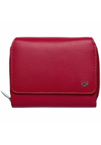 Portefeuille en cuir rouge avec une finition texturée, fermeture à rabat et côté zippé. Présente un petit logo en argent et des accents cousus le long des bords.