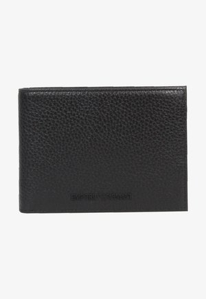 Cartera de cuero negro con un acabado texturizado, que presenta el logotipo en relieve "Emporio Armani" en la parte frontal, diseño de billetera bifold y bordes limpios.